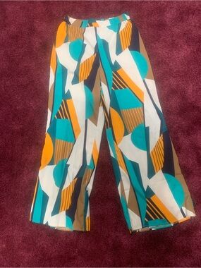 (NWT) SHEIN Geometric Wide-Leg Pants in Teal, Mustard & Brown